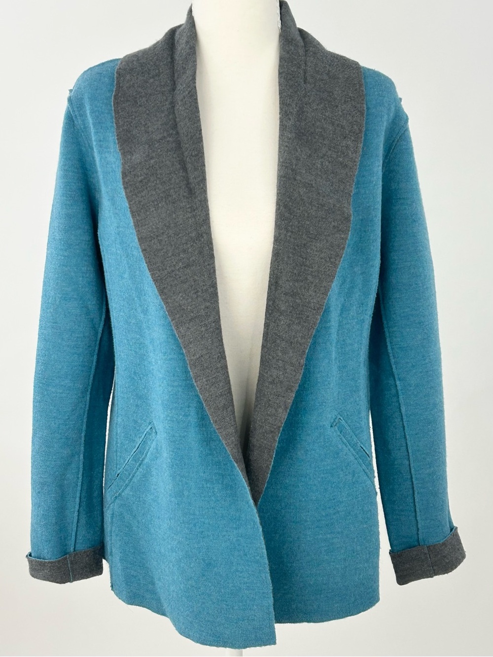Eileen Fisher Felted Merino Wool Jacket M Teal Gray Shawl Collar Colorblock